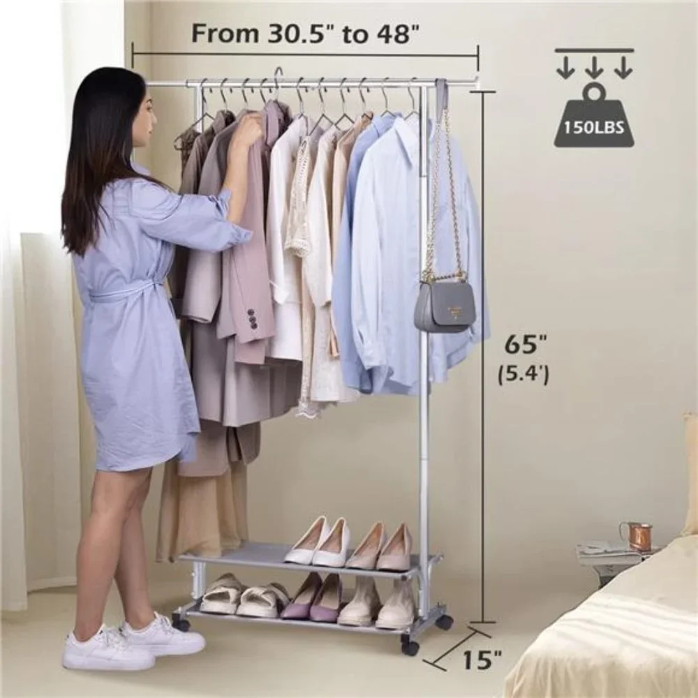 2 Shelves Clothing Racks, Garment Rack Heavy Duty Metal Wardrobe Rack, Grey - Picture 2 of 6